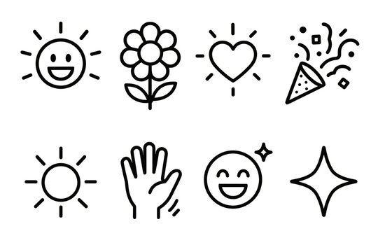Joyful Icon Array. Pure Delight linear icon set. open smile, light rays, flower bloom, warm heart, confetti, sunshine, hand wave, joy spark