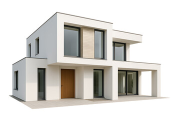 Obraz premium Contemporary white modern house exterior architecture with large glass windows and wooden door minimal design representing luxury residential real estate building and home concept