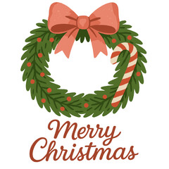 Festive Christmas Wreath. A festive Christmas wreath adorned with a pink bow and candy cane, set against a striped pink and red background. The composition centers. Vector illustration