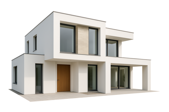 Contemporary white modern house exterior architecture with large glass windows and wooden door minimal design representing luxury residential real estate building and home concept