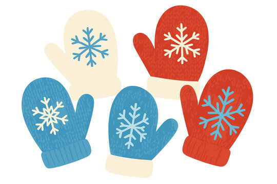 Festive Winter Mittens. A group of winter mittens, each decorated with different snowflake patterns and colors. Arranged in a playful composition, the mittens appear. Vector illustration