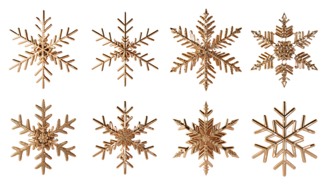 Golden snowflake ornaments isolated on transparent background isolated on transparent background