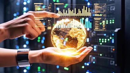 Person's hands hold glowing globe with data overlays, in front of a server rack - Powered by Adobe