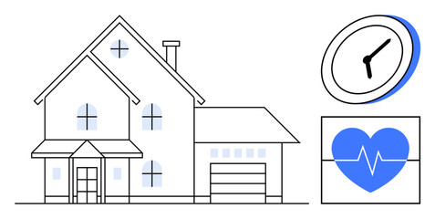 Contemporary house with windows and garage, analog clock, and heart monitor. Ideal for technology, smart home, health, time management, security, lifestyle and automation in simple flat metaphor