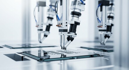 Automated robotic arms assembling microchips in cleanroom factory