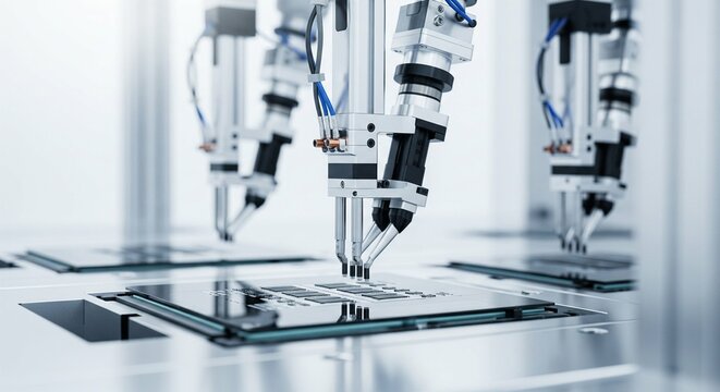 Automated robotic arms assembling microchips in cleanroom factory