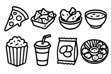 Super Bowl Snacks Icons. Super Bowl Sunday Party Snacks linear icon set. pizza slice, nachos tray, chicken wings, dip bowl, popcorn box, soda cup, chips bag, veggie platter