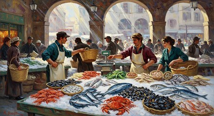 Vibrant fish market scene with vendors and diverse seafood display.