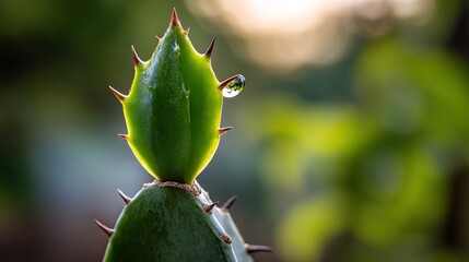 kusudama. Extreme close-up of a cactus spine with a single dewdrop at its tip in morning light. gardening catalogs, home-decor guides, designed for home decor and floral branding.