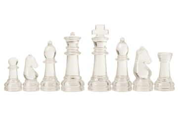 Transparent glass chess pieces arranged in line isolated on white background strategic board game concept representing intelligence strategy leadership and luxury competition