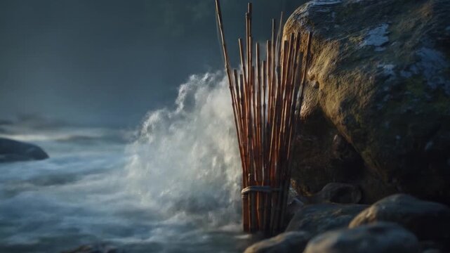 A bundle of bamboo stalks tied together stands near a large rock, with ocean waves in the background