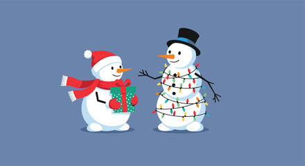 Adorable Christmas illustration features a snowman in a santa hat giving a wrapped gift to another snowman decorated with lights.