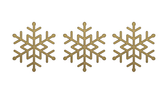 Three golden snowflakes isolated on transparent background isolated on transparent background