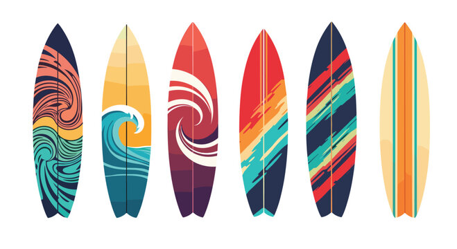 Set of six colorful surfboards with various abstract and wave-themed designs isolated on a clean white background for summer.