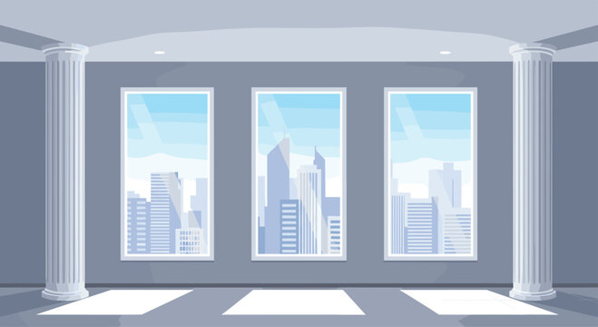 Modern and spacious empty room interior with large windows showing a city skyline view flanked by two classic white columns.