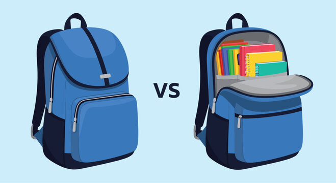 Comparison illustration showing a closed blue backpack versus an open backpack full of colorful school supplies like books.
