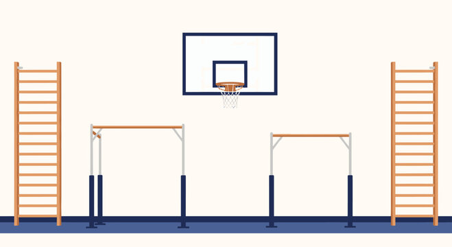 Empty school gym interior with a basketball hoop parallel bars and wall bars for physical education classes and training.