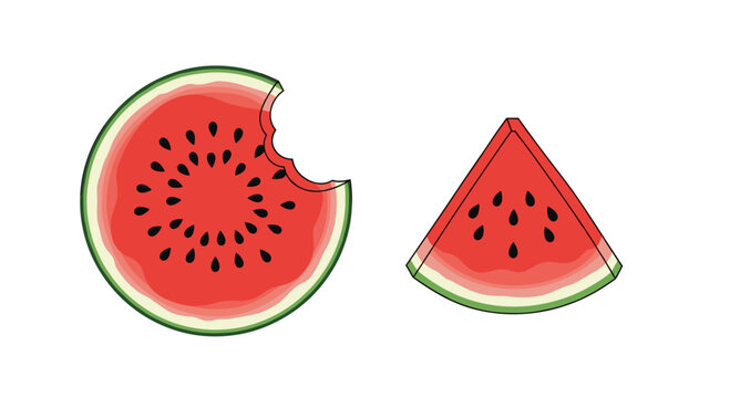 Simple and clean illustration of a round slice of watermelon with a bite taken out and a separate triangular wedge slice.