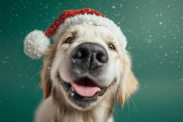 Golden Retriever wearing Santa hat smiling