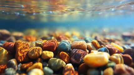 Colorful pebbles on a riverbed under clear shallow water with sunlight refraction. ESG reports, sustainability campaigns, designed for environmental awareness campaigns.