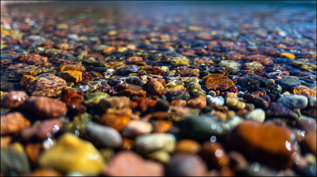 Colorful pebbles on a riverbed under clear shallow water with sunlight refraction. ESG reports, sustainability campaigns, designed for environmental awareness campaigns.