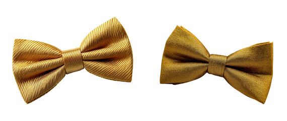 Two elegant golden bow ties displayed against a stark black studio background on transparent background