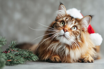 Maine Coon cat in Santa hat lying on snowy surface