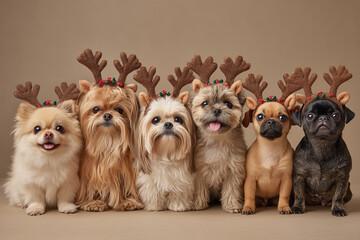 Group of dogs wearing reindeer antlers