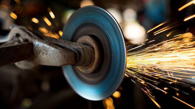 abrasive. Close-up of a grinding wheel sharpening an old knife with flying sparks in an industrial workshop. safety posters.