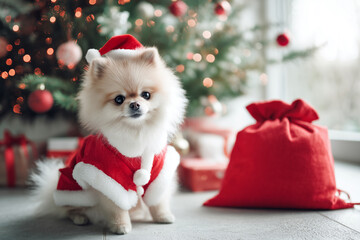 Pomeranian puppy in Santa dress next to red gift bag