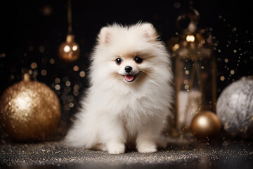 White Pomeranian standing on glittery Christmas background