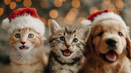 Kitten and puppies in Santa hats against Christmas lights