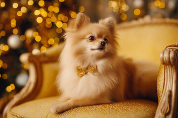 Pomeranian dog sitting on elegant gold chair