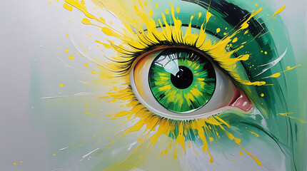 Close up artistic rendering of a green eye with yellow paint splatter detail around it 4k  and hd image