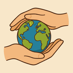 Hands Holding Earth. Two hands tenderly cup a small globe, symbolizing global unity and protection. The globe's vibrant blue and green hues contrast with the neutral. Vector illustration