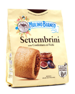 Barilla Mulino Bianco Settembrini,pack of biscuits with fig jam,Italian brand product isolated on white background.