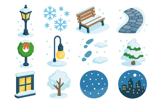 Isometric Winter Icons. Snowy Street Lights flat icons set. lamppost, snowflakes, park bench, cobblestone path, wreath on pole, glowing bulb, icicles, footprints, window light