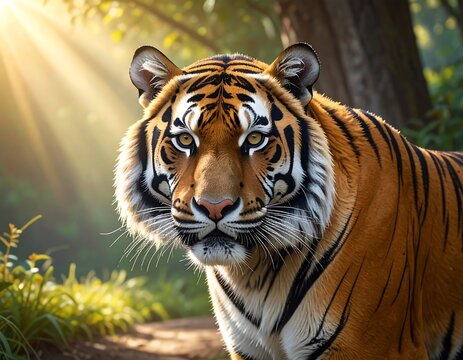 A majestic big cat, orange and black striped, gazes intently at the viewer, bathed in golden sunlight. The background is a lush forest
