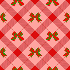 Festive christmas plaid pattern with green and red ribbon bows arranged in a seamless holiday design