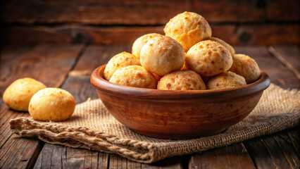 Crispy Pão de queijo arranged in rustic bowl for inviting presentation. Pão de queijo, with its cheese bread balls, offers delightful culinary treat. 