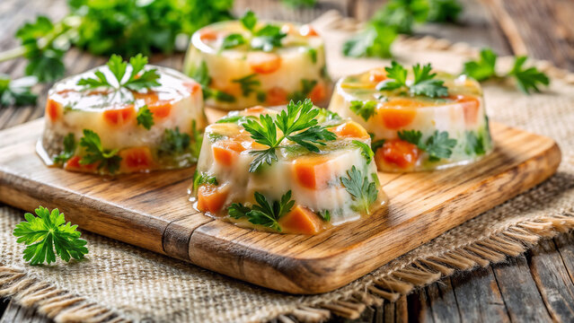 Presenting piftie with clear aspic and parsley on wooden board. These jellied meat delicacies, showcasing piftie with clear aspic and parsley, are culinary masterpieces.