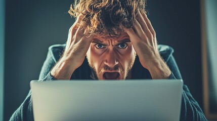 Frustrated person at laptop symbolizes cybersecurity risks and data theft.