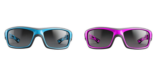 Two pairs of sport sunglasses in blue and pink on a black studio background on transparent background