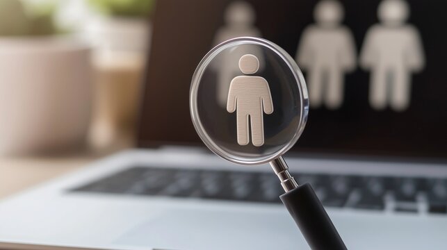 Magnifying glass over person icon on laptop symbolizes workforce analysis and talent search.