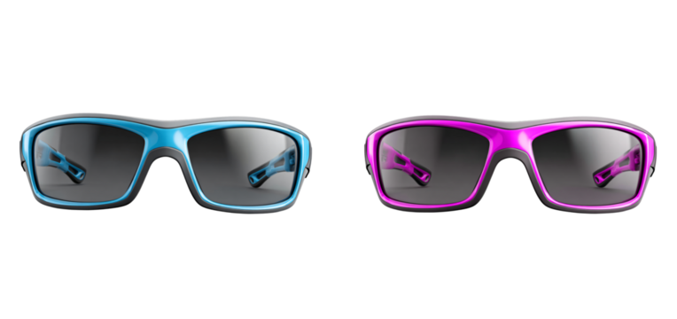 Two pairs of sport sunglasses in blue and pink on a black studio background on transparent background
