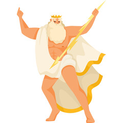 Mythological Figure Zeus Holding Lightning Bolt And Pointing Finger In White Background With Toga And Golden Crown