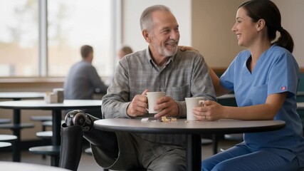 A compassionate nurse offers comfort and companionship to an elderly patient with a prosthetic leg, fostering a moment of warmth and connection.
