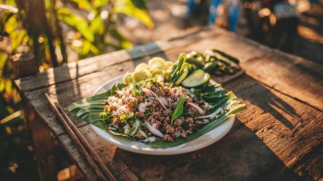 Northern Thai Larb with Herbs on Banana Leaf in Warm Sunset Light