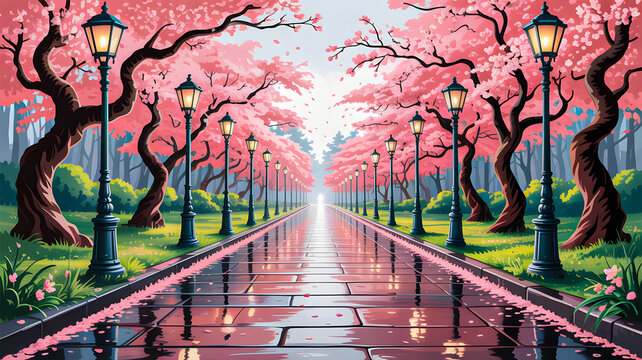 Peaceful cherry blossom walkway with pink trees and glowing street lamps
