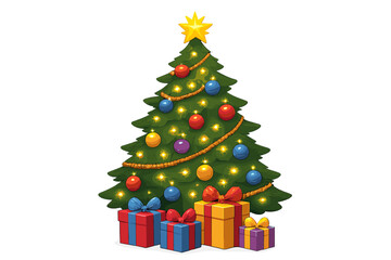 Gleaming Christmas Tree. Gleaming Christmas tree adorned with colorful ornaments and twinkling lights stands proudly. The star on top glows brightly, casting a warm. Vector illustration